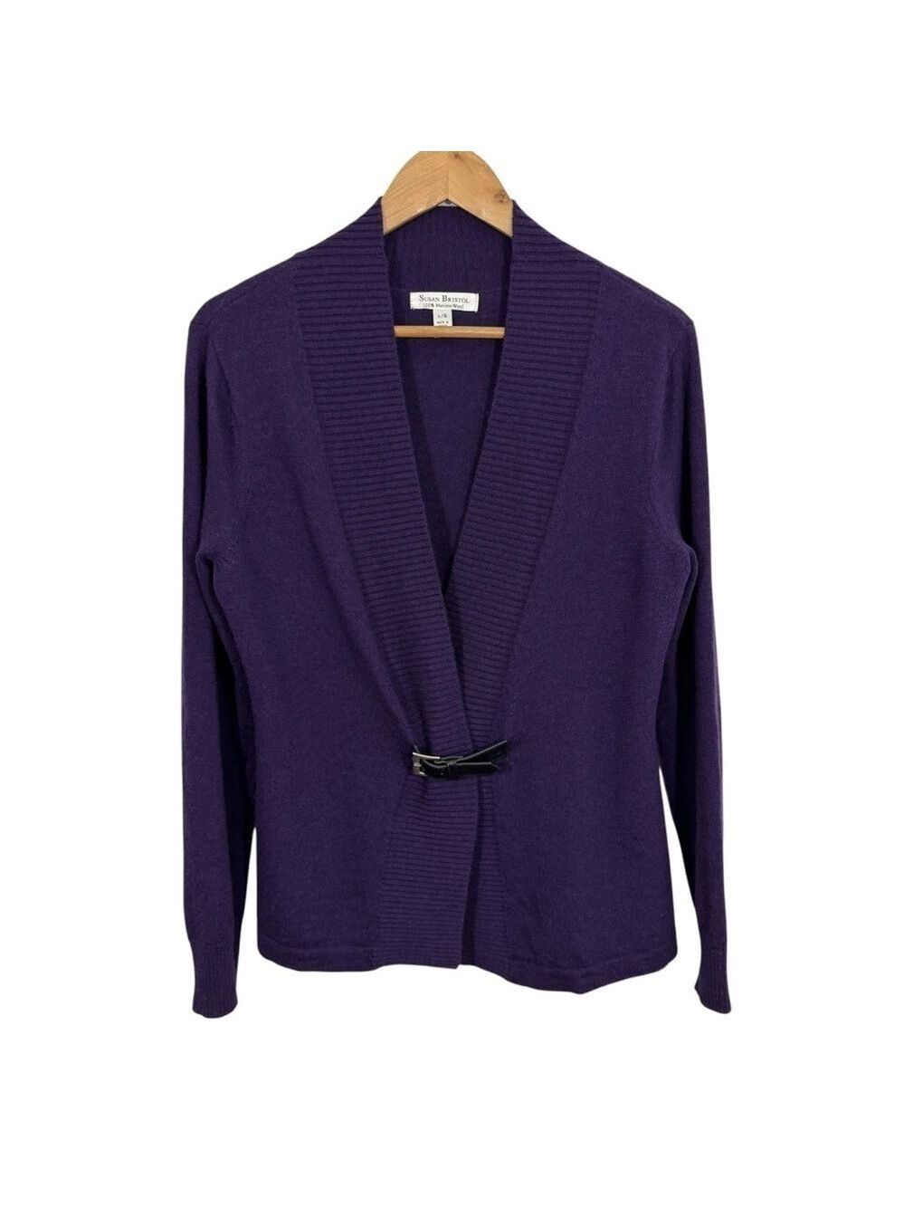 Susan Bristol 100% Merino Wool Wrap Sweater Womens L Eggplant Purple Belted GUC